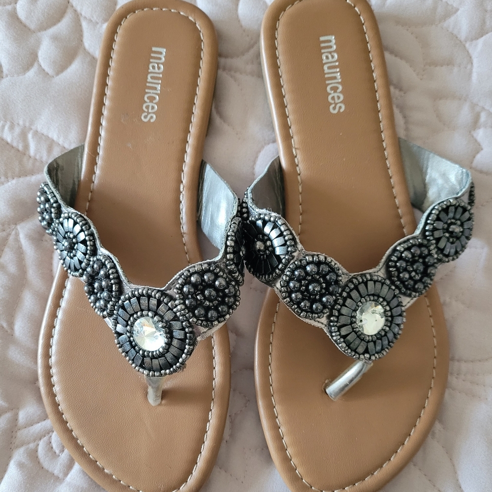 2 Pairs Never Worn Maurices Jeweled and Silver Jeweled Sandals